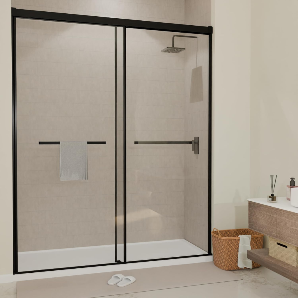 56–60" W x 72" H Semi-Frameless Double Sliding Shower Door with 1/4" Clear Tempered Glass, Matte Black Finish in Matte Black, main product view
