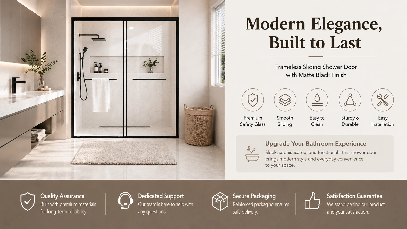 Semi-Frameless Double Sliding Shower Door with 1/4" Clear Tempered Glass, ARJ-S03-60-MB, detail image 2