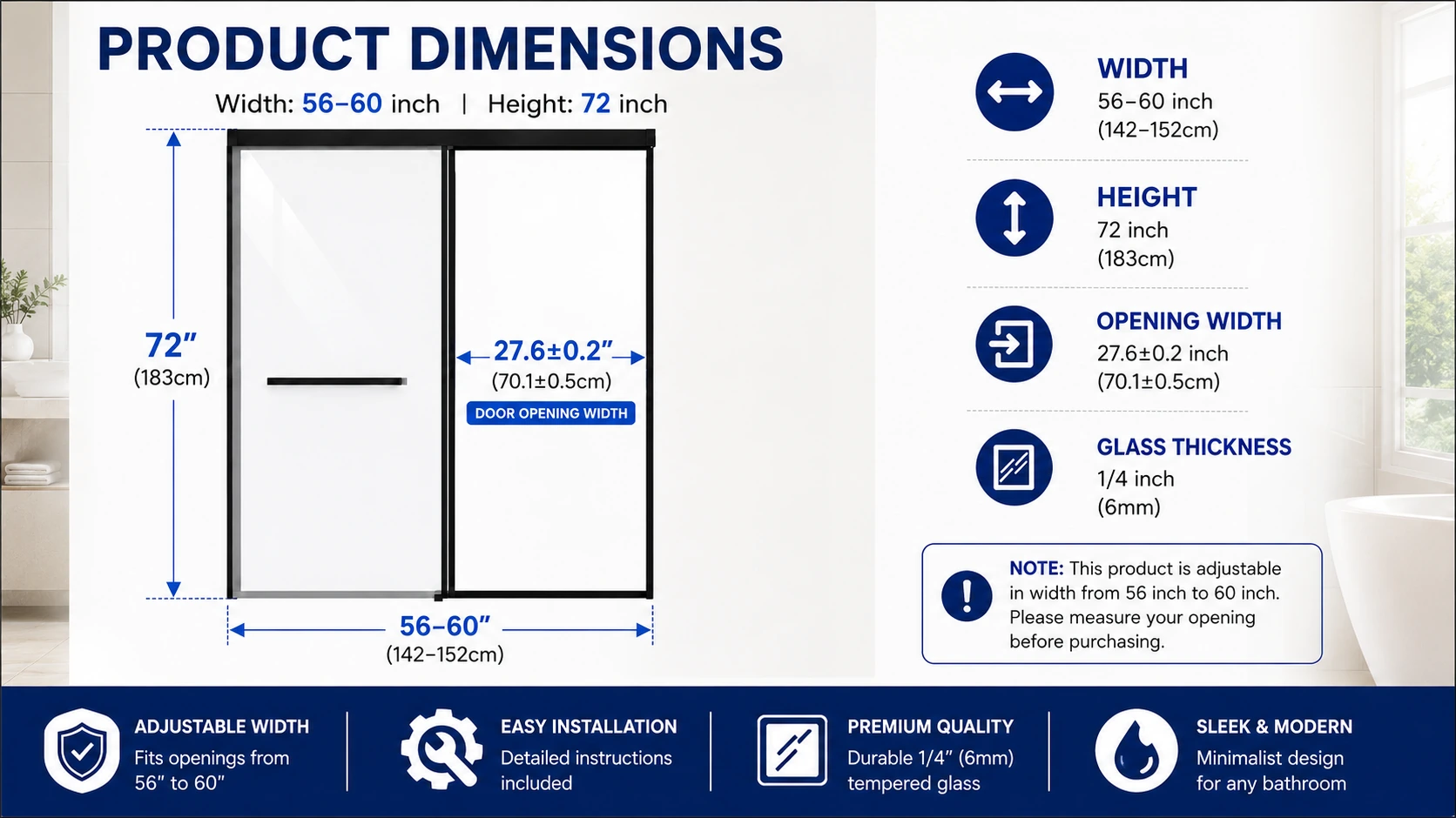 Semi-Frameless Double Sliding Shower Door with 1/4" Clear Tempered Glass, ARJ-S03-60-MB, detail image 3
