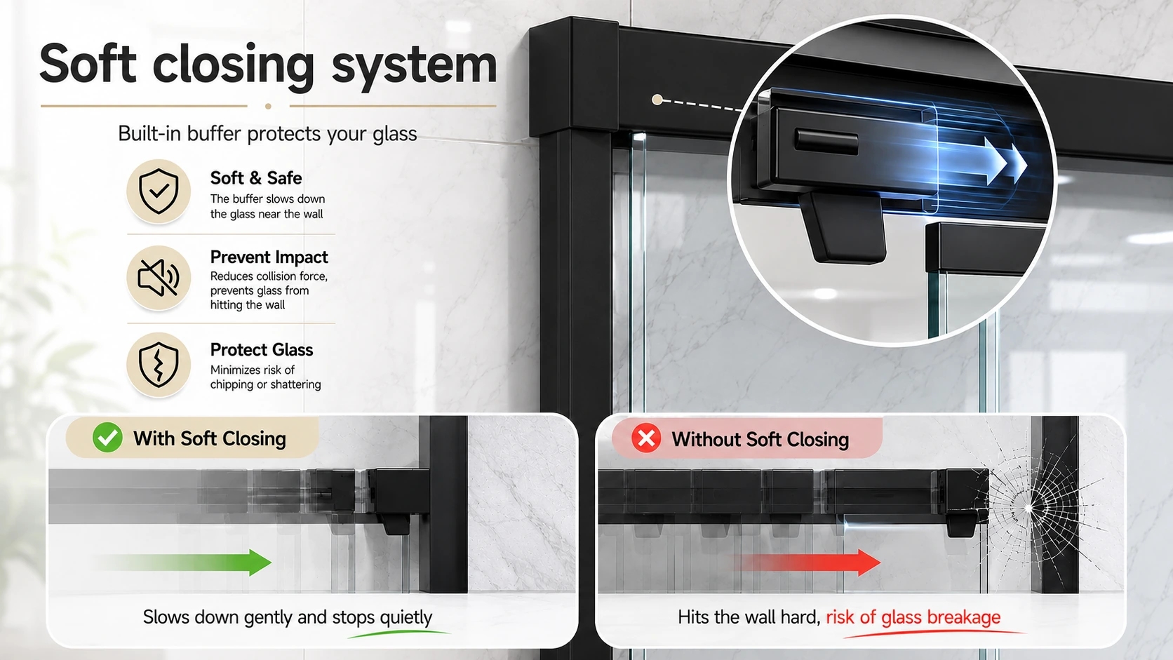 Semi-Frameless Double Sliding Shower Door with 1/4" Clear Tempered Glass, ARJ-S03-60-MB, detail image 7