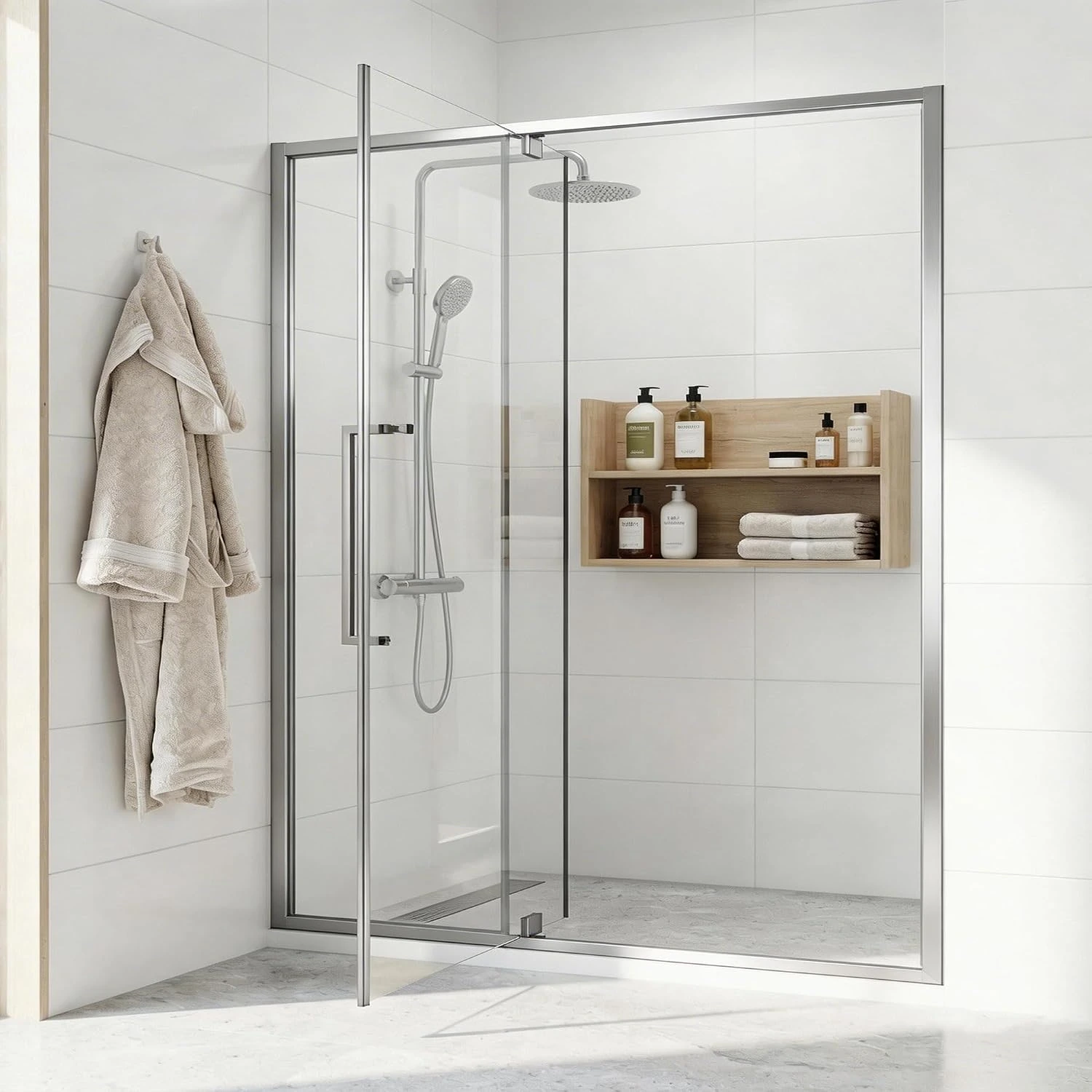 Chrome-framed hinged glass shower door in a finished bathroom