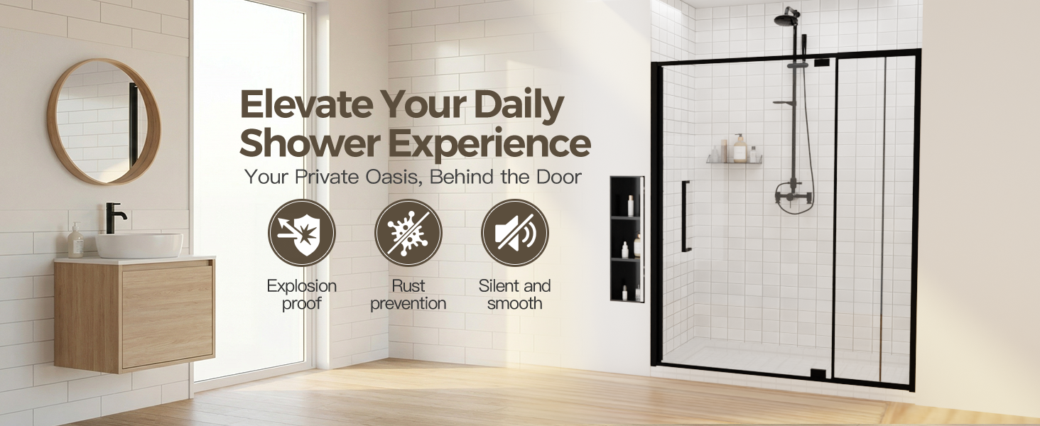 Semi-Frameless Hinged Shower Door with 1/4" Clear Tempered Glass, ARJ-J01-56-MB, detail image 1