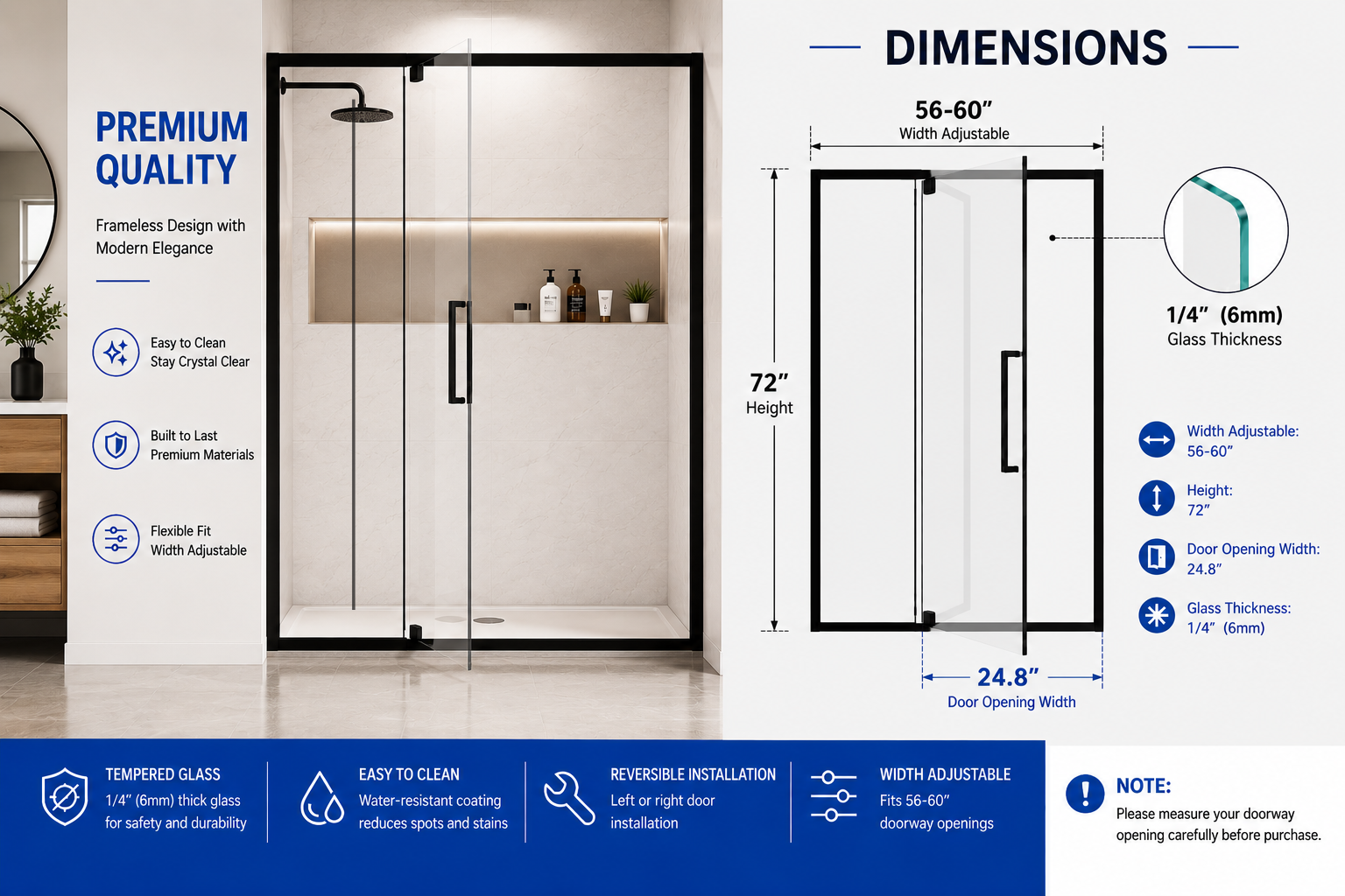 Semi-Frameless Hinged Shower Door with 1/4" Clear Tempered Glass, ARJ-J01-56-MB, detail image 15
