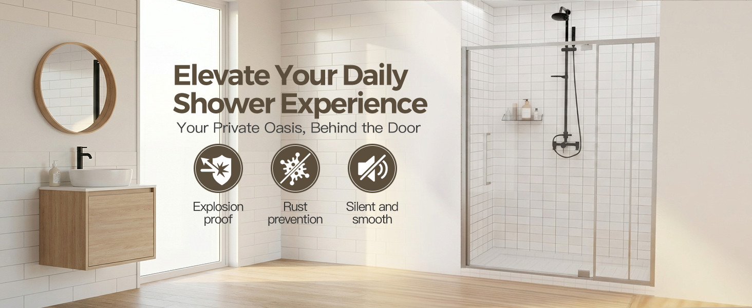 Semi-Frameless Hinged Shower Door with 1/4" Clear Tempered Glass, ARJ-J01-56-CH, detail image 1