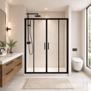 AROJAY 58–60 in W × 72 in H Center-Opening Double Sliding Shower Door, 1/4 in Clear Tempered Glass, Matte Black