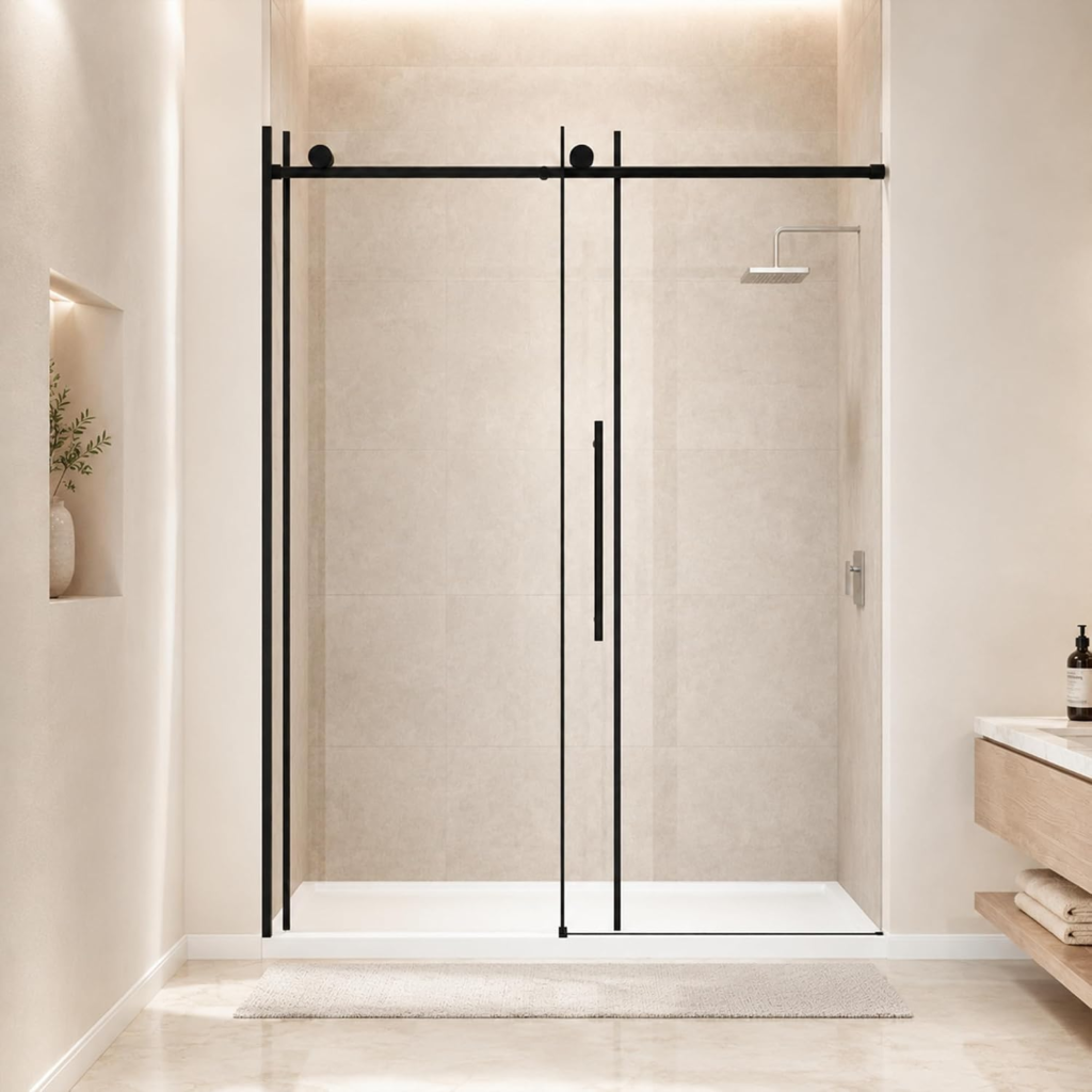 60" W x 73" H Frameless Sliding Shower Door with 5/16" Clear Tempered Glass in Matte Black, main product view
