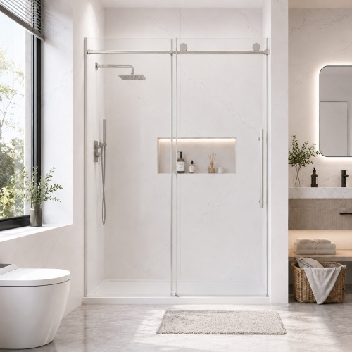 60" W x 73" H Frameless Sliding Shower Door with 5/16" Clear Tempered Glass in Chrome, main product view