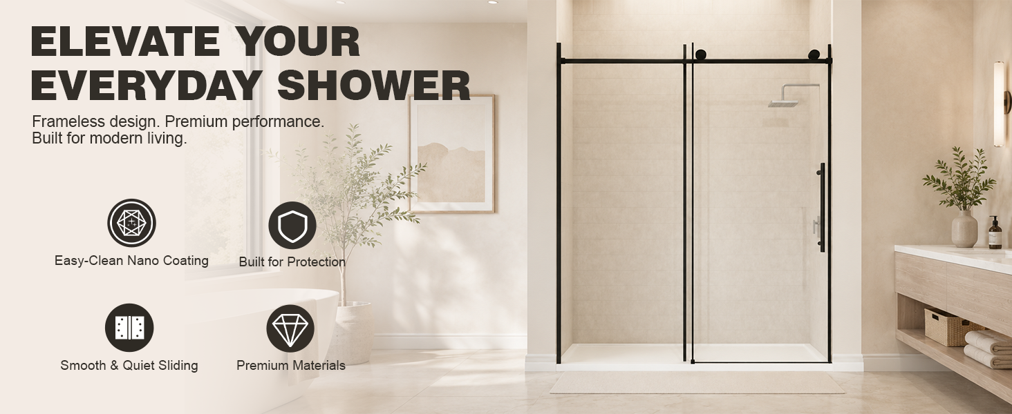 Frameless Sliding Shower Door with 5/16" Clear Tempered Glass, ARJ-S01-60-MB, detail image 1