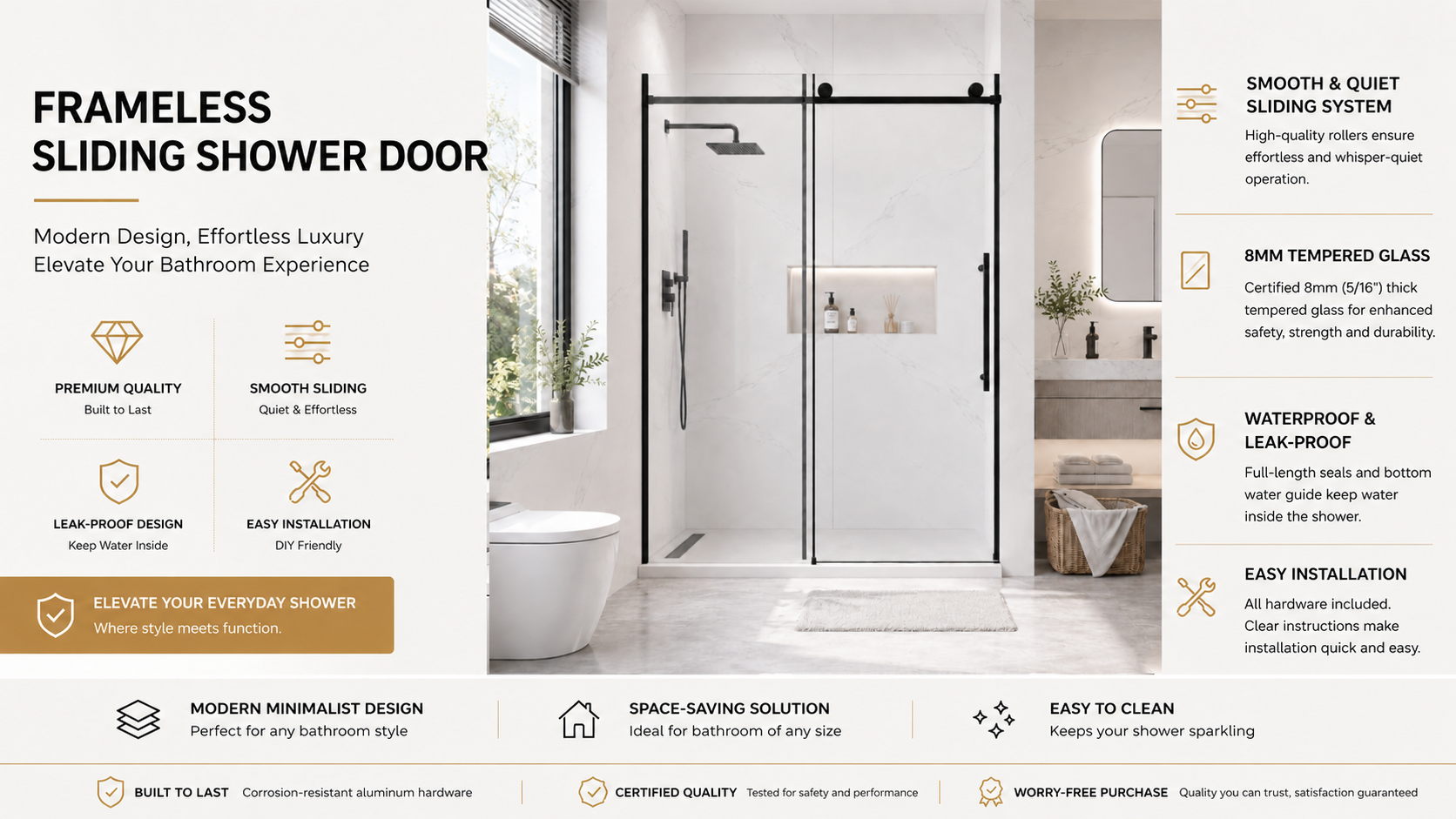 Frameless Sliding Shower Door with 5/16" Clear Tempered Glass, ARJ-S01-60-MB, detail image 10