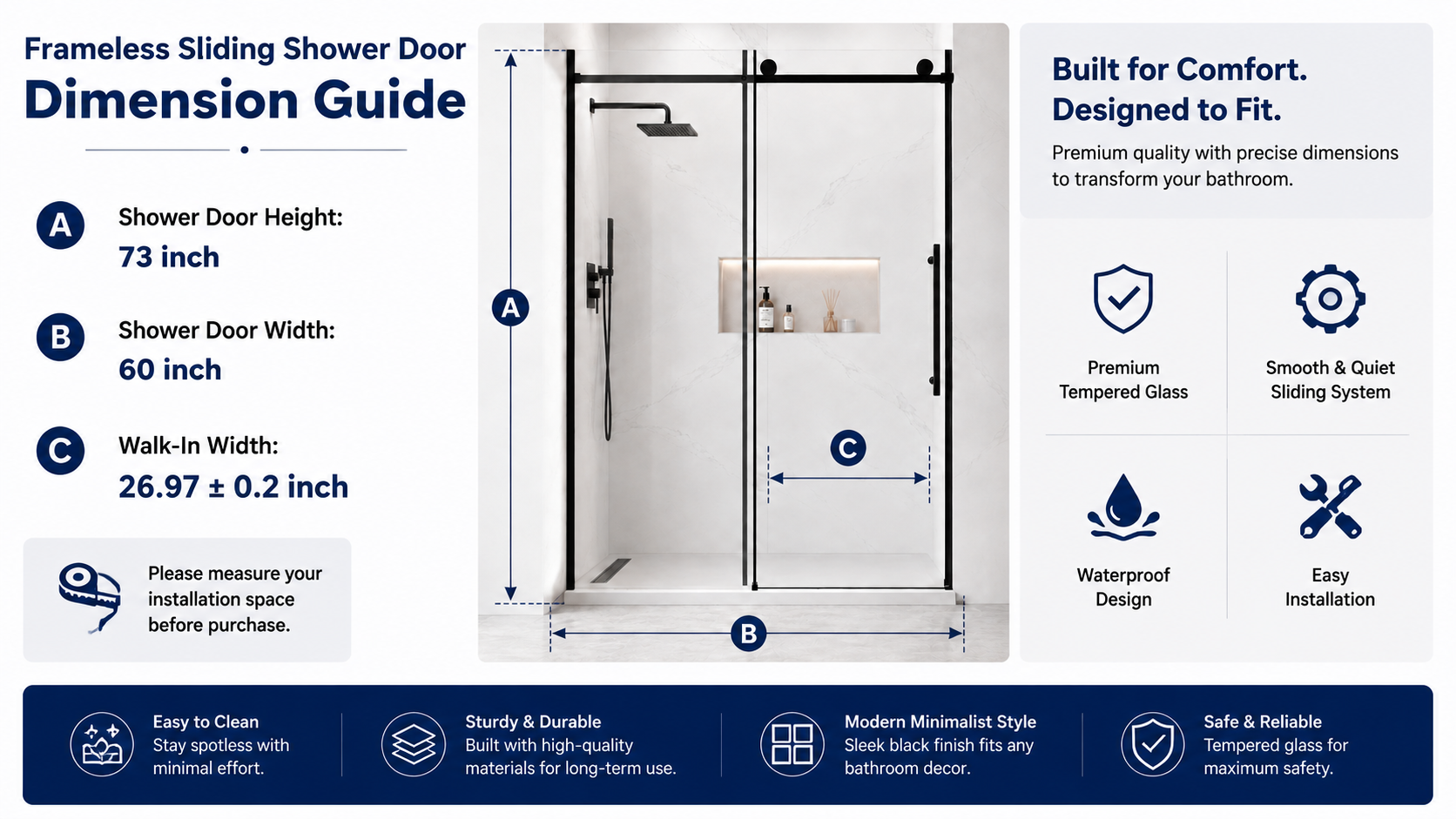 Frameless Sliding Shower Door with 5/16" Clear Tempered Glass, ARJ-S01-60-MB, detail image 11