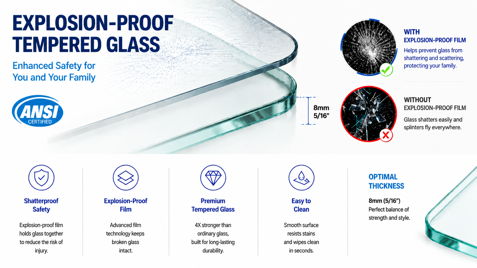 Frameless Sliding Shower Door with 5/16" Clear Tempered Glass, ARJ-S01-60-MB, detail image 12