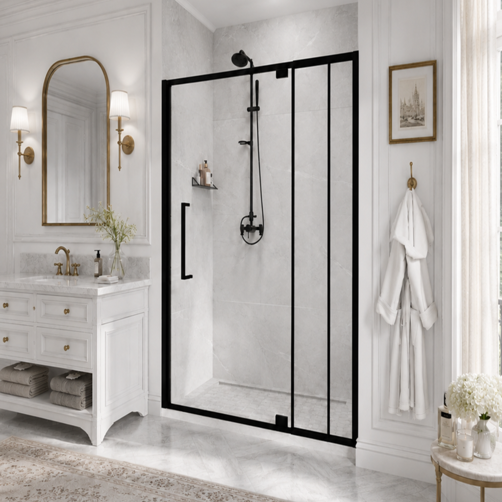 AROJAY J01 pivot shower door, Matte Black, main product image