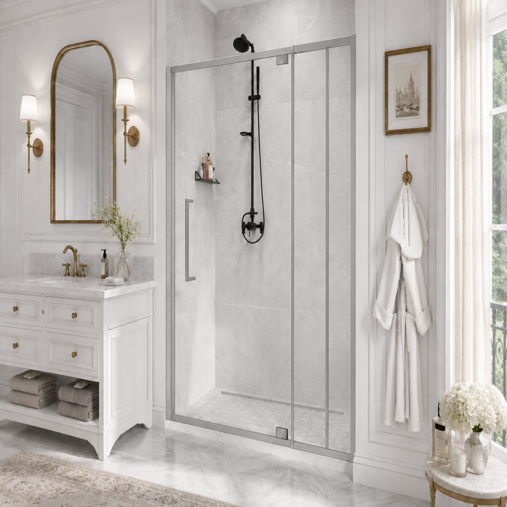 AROJAY J01 pivot shower door, Chrome, main product image