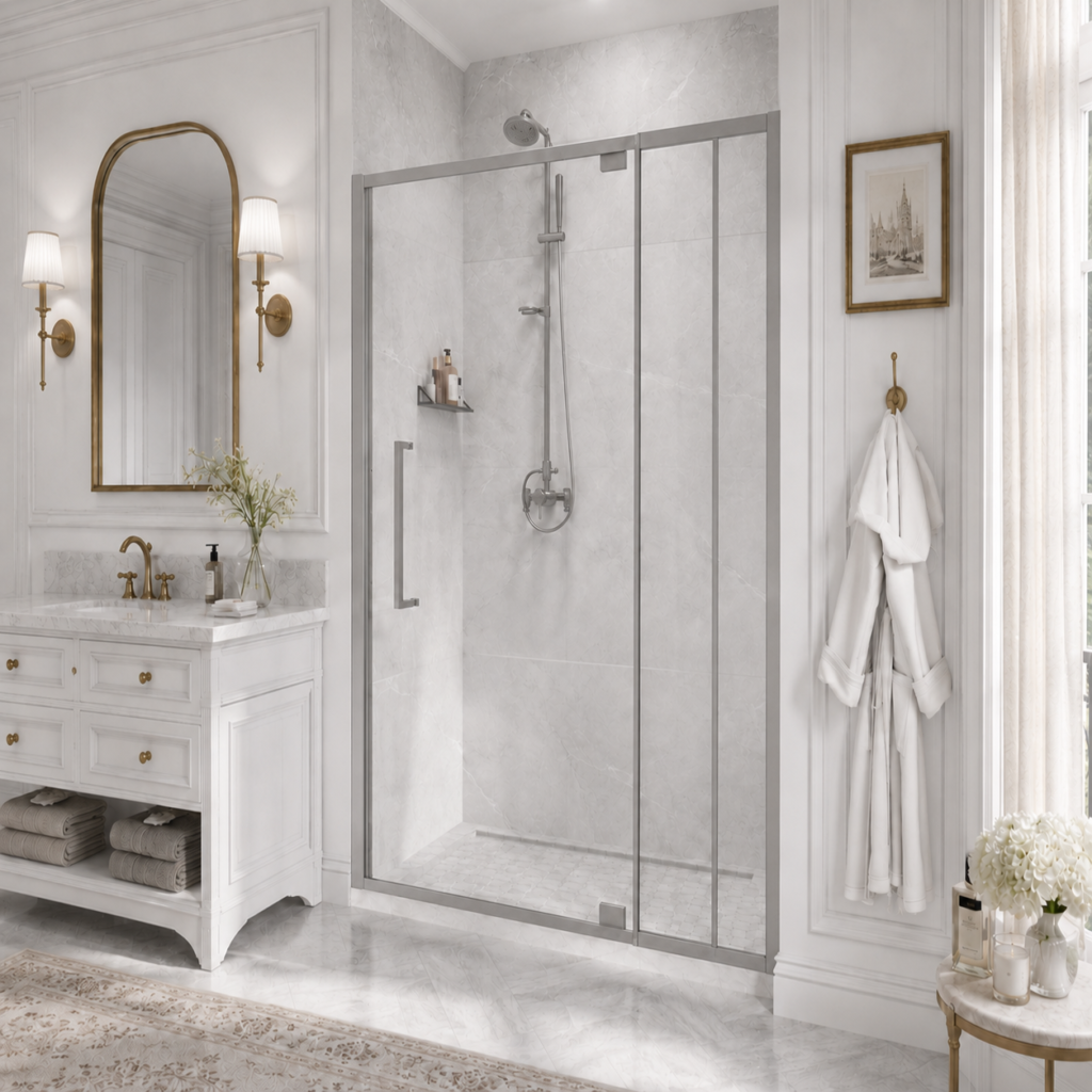 AROJAY J01 pivot shower door, Chrome, main product image