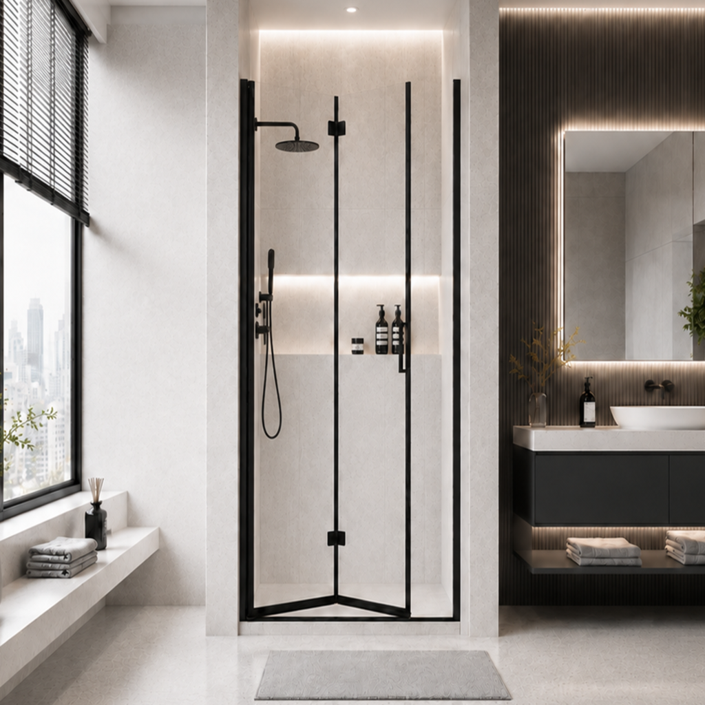 AROJAY P02 bifold pivot shower door, Matte Black, main product image