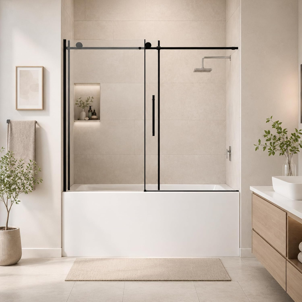 AROJAY ARJ-S02B-60 sliding shower door in Matte Black, main product view