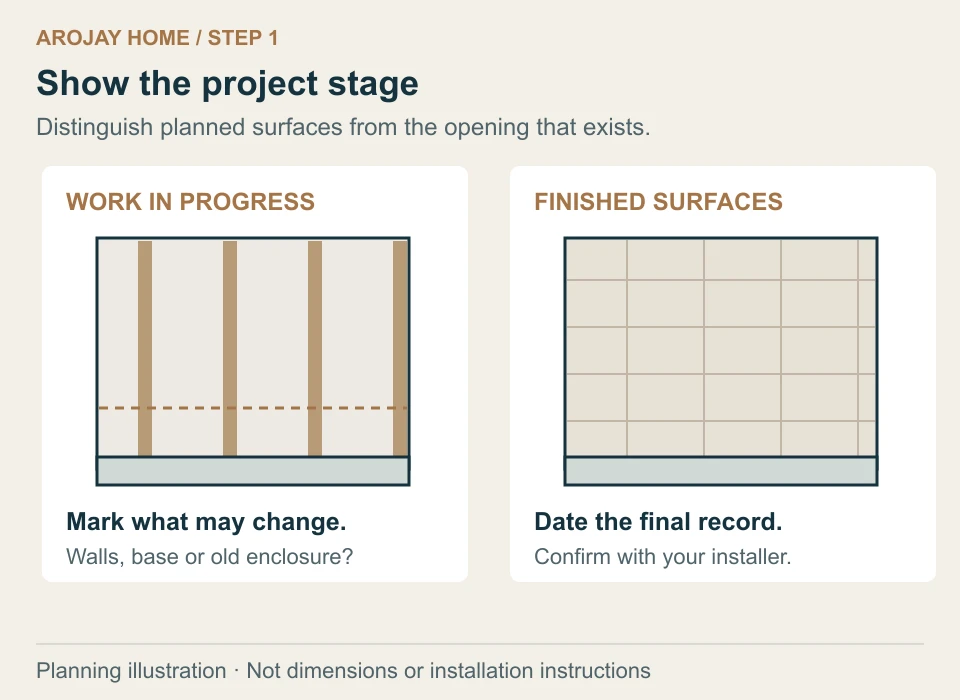 Side-by-side shower-opening diagrams compare exposed unfinished wall framing with finished tiled walls and a base.