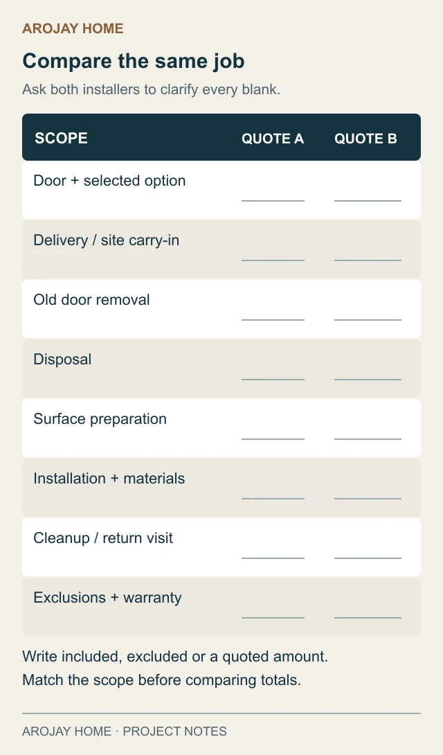 Two-column worksheet for comparing installation quotes by product, delivery, removal, disposal, preparation, installation, cleanup and exclusions.