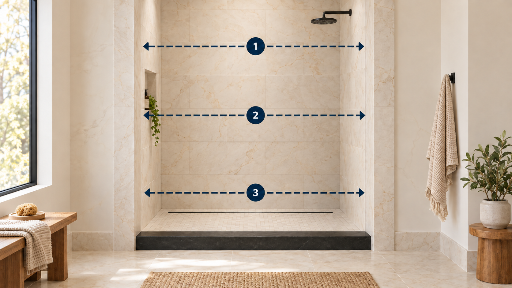 standard shower door: measure the finished opening at the top, middle and bottom