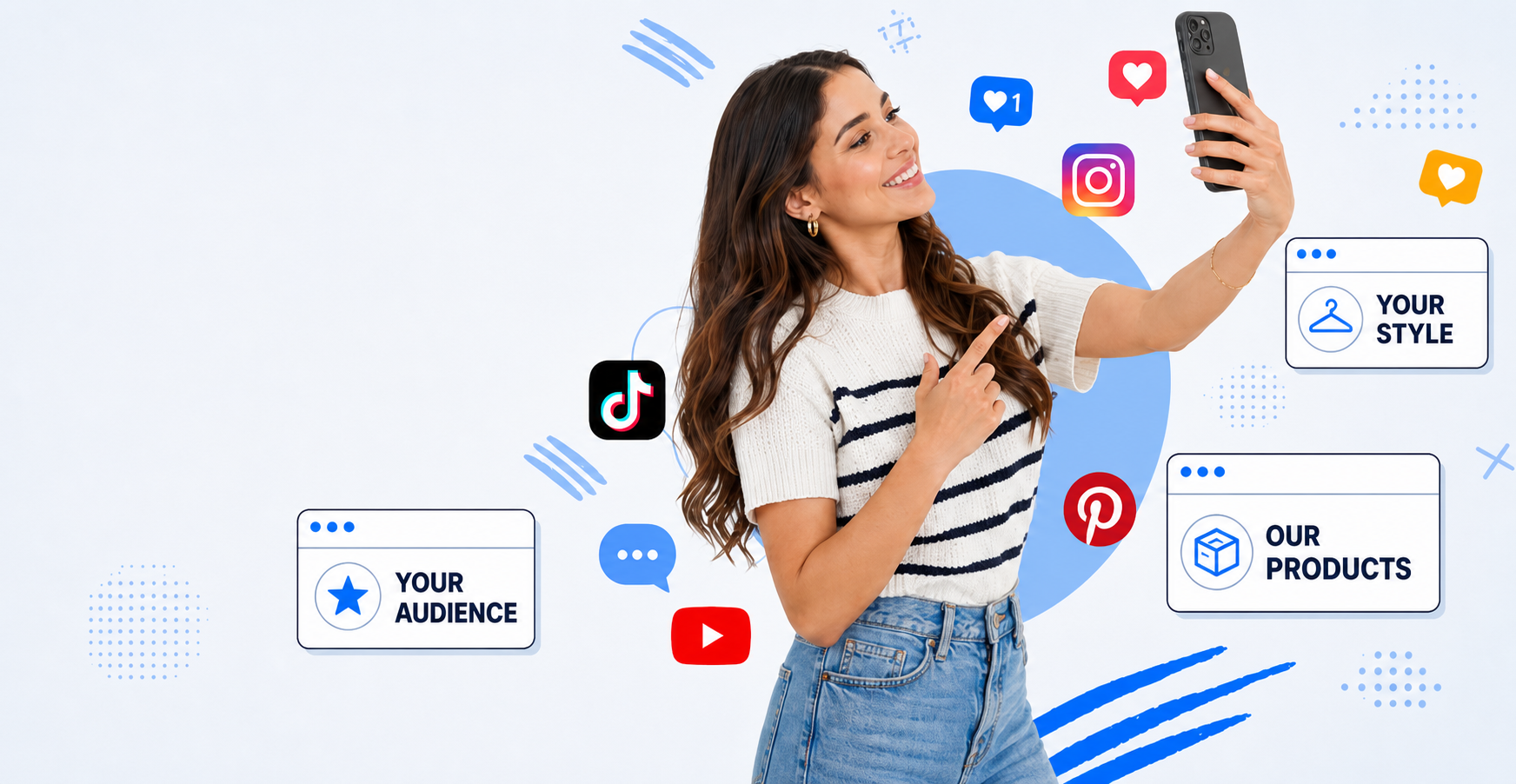 Home and lifestyle creator filming a short video on her phone, surrounded by coordinated social media campaign graphics