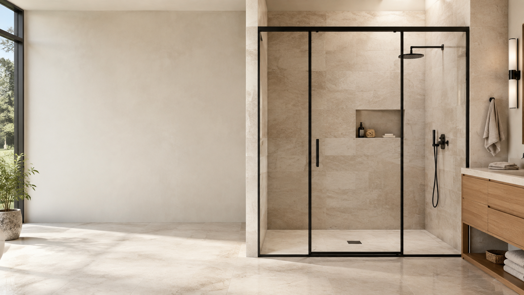 A black framed glass shower enclosure in a warm contemporary bathroom