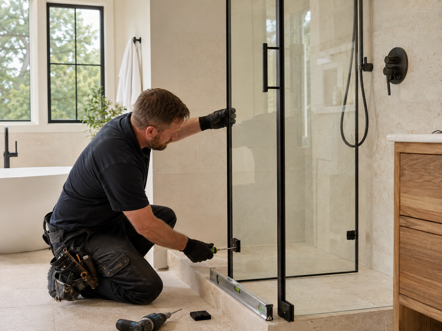 A professional installer fitting a glass shower door