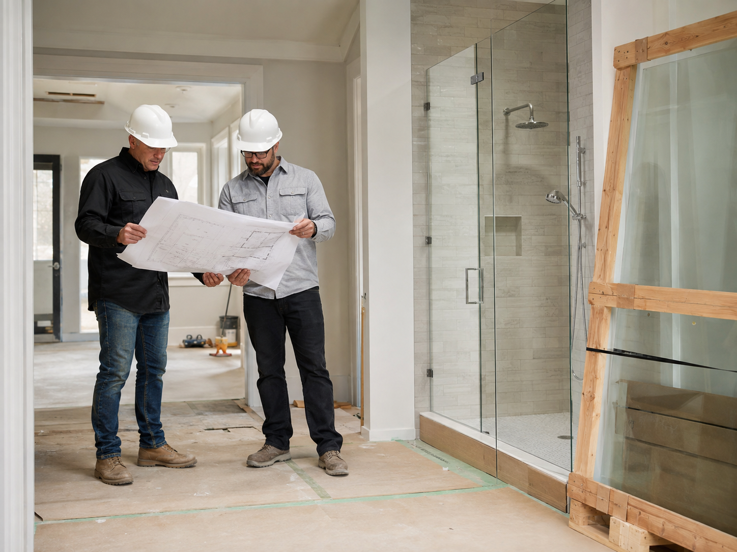 Builders reviewing project plans beside a glass shower enclosure