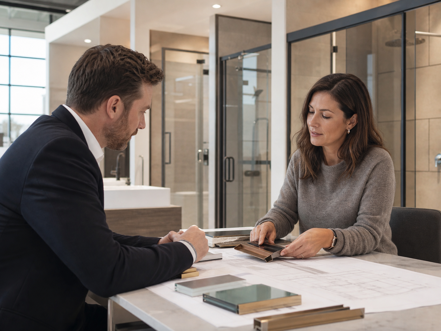 A showroom consultant reviewing shower door finish samples with a customer