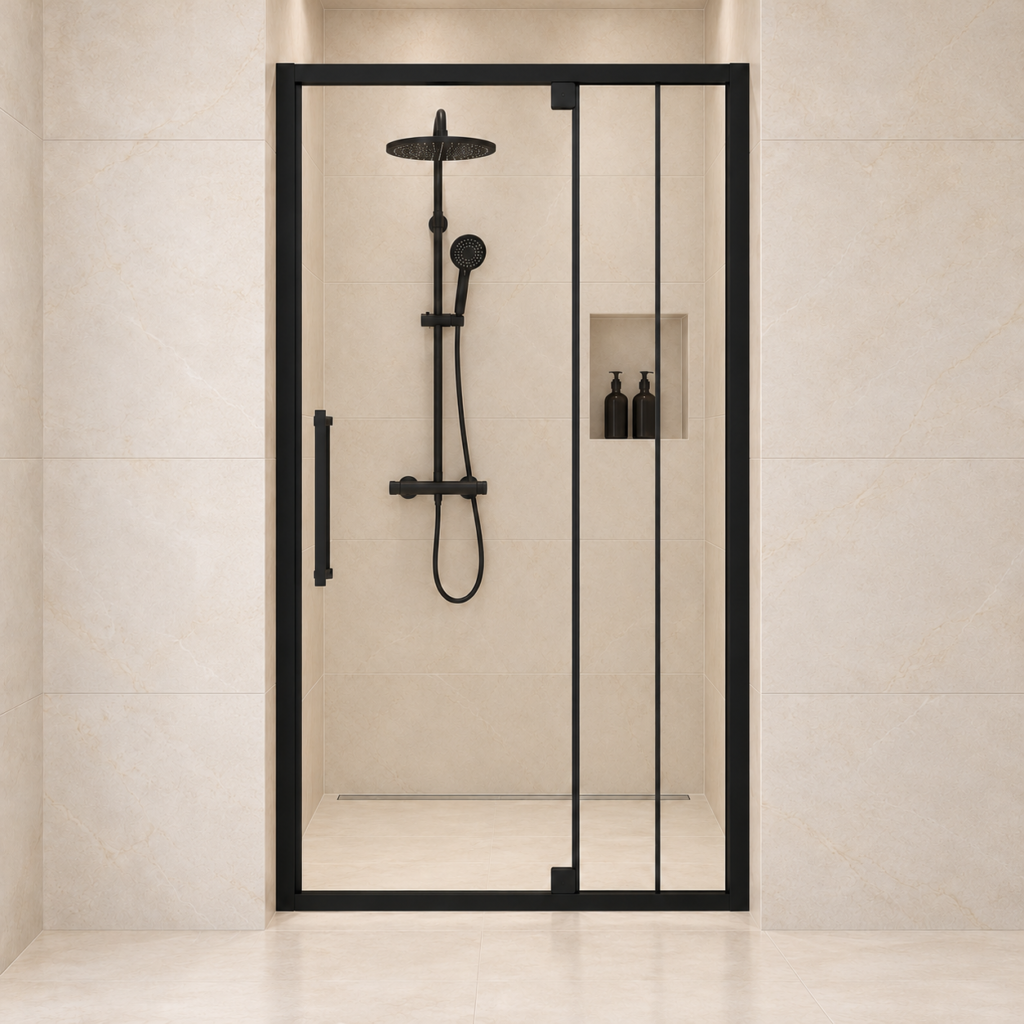 AROJAY semi-frameless hinged shower door in matte black, 38–42 inches wide by 72 inches high, 6 mm clear tempered glass, closed front view with left handle