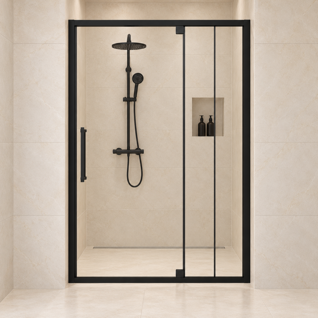 AROJAY semi-frameless hinged shower door in matte black, 44–48 inches wide by 72 inches high, 6 mm clear tempered glass, closed front view with handle on the left