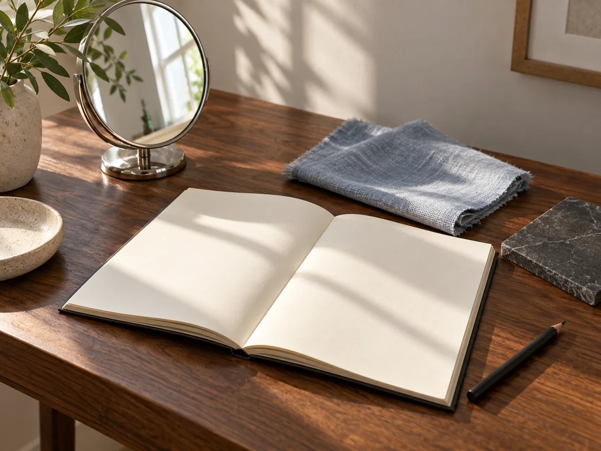 Blank notebook, small mirror and material samples in changing window light on a dry desk