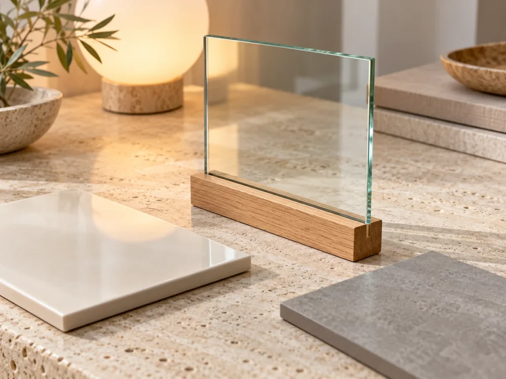 Clear glass material sample on a dry planning table with a softly diffused lamp in the background