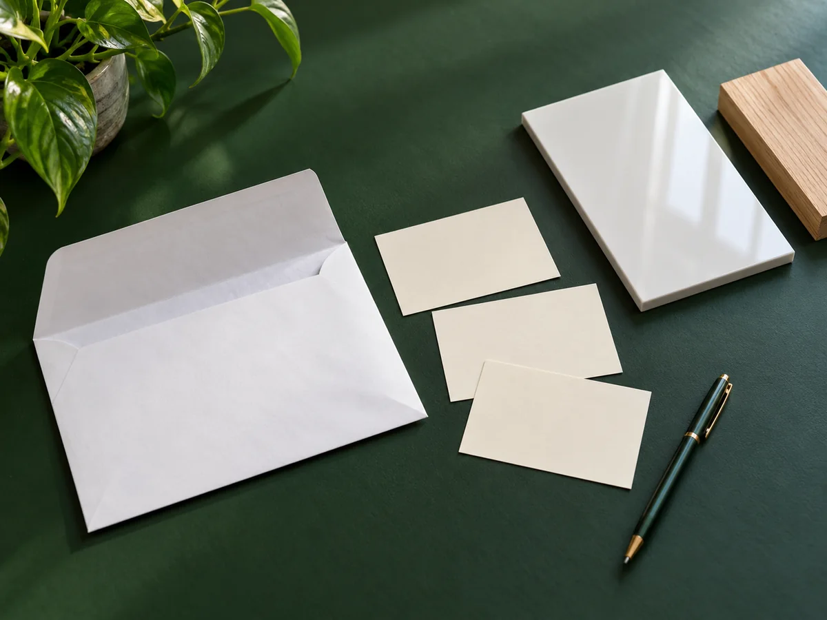 Envelope and blank cards beside loose wall-material samples for a manufacturer information request