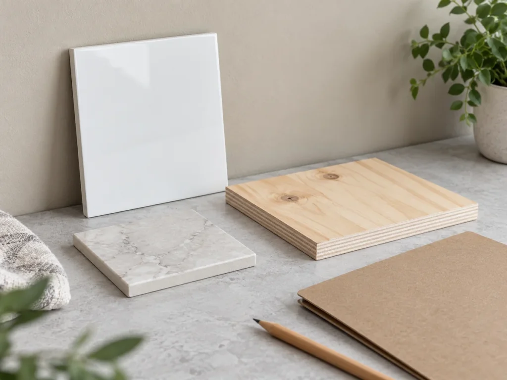 Loose acrylic, wood and tile samples beside a document folder for shower-wall planning