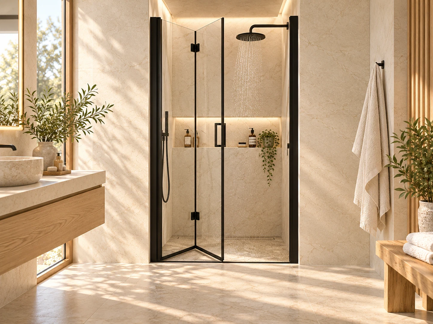 Matte black bifold shower door folded inward in a warm limestone bathroom