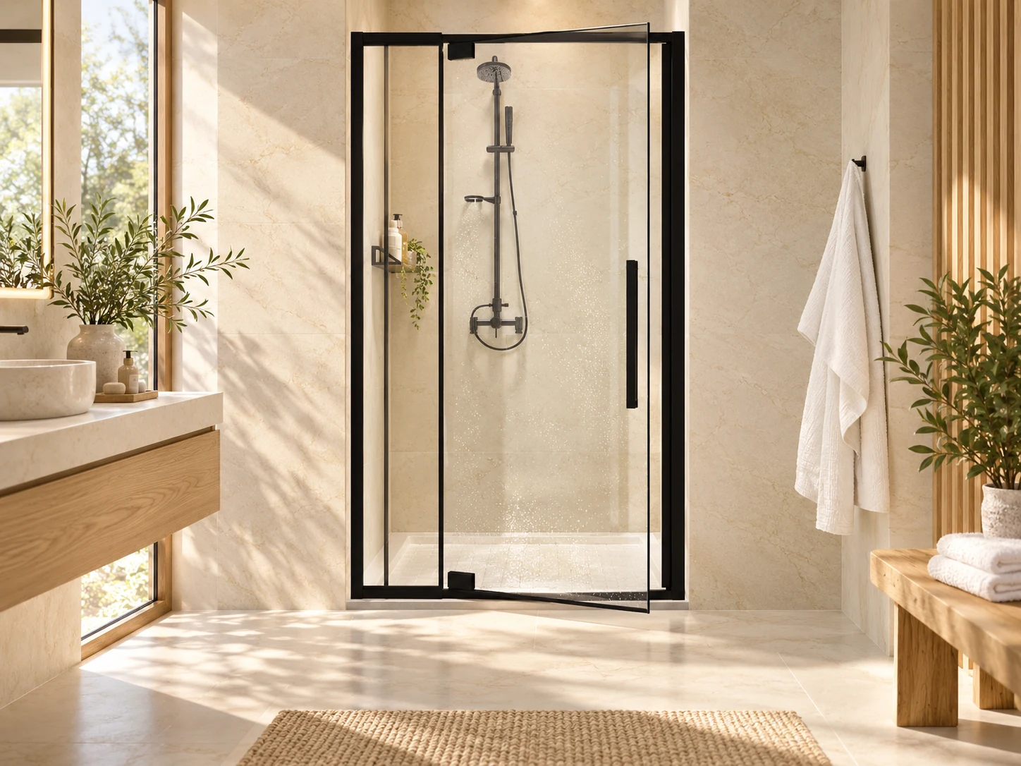 Hinged glass shower door in an airy warm limestone bathroom