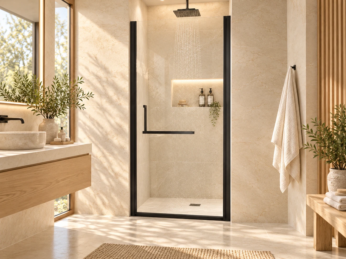 Matte black pivot shower door with towel-bar handle in a warm limestone bathroom
