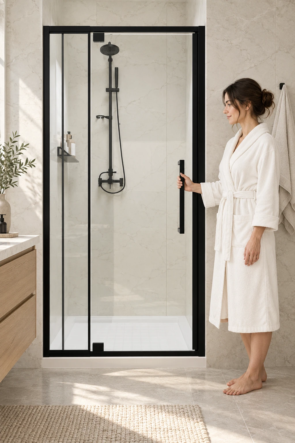 Woman in an ivory bathrobe holding the exterior handle of a matte-black hinged shower door
