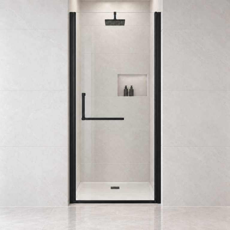 Matte black semi-frameless pivot shower door, 28–29.2" width, frontal view