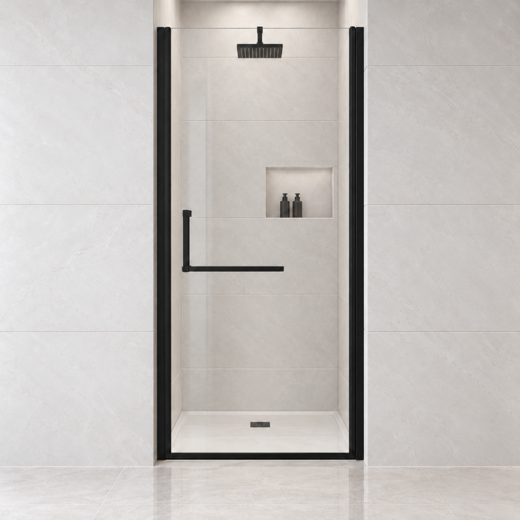 Matte black semi-frameless pivot shower door, 32–33.2" width, frontal view