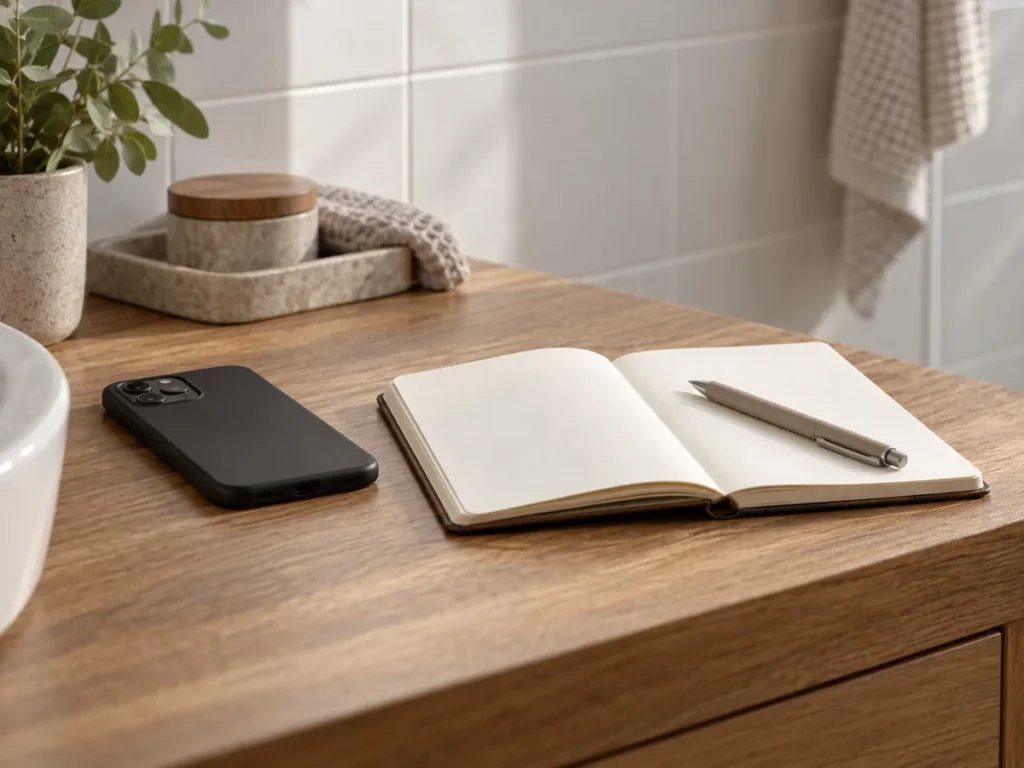 Phone and notebook on a dry vanity, ready to document a shower-door noise