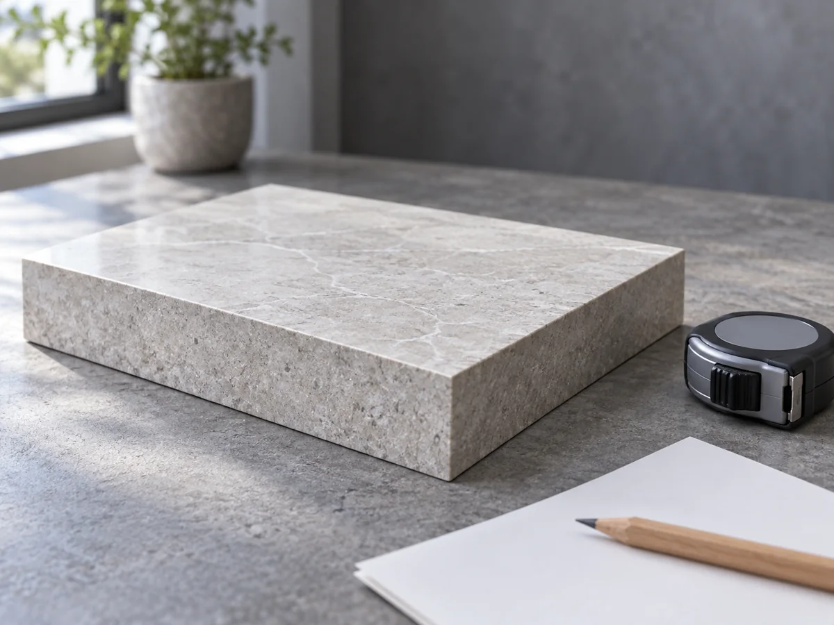 Stone sample showing a horizontal top surface and vertical face beside a closed tape measure