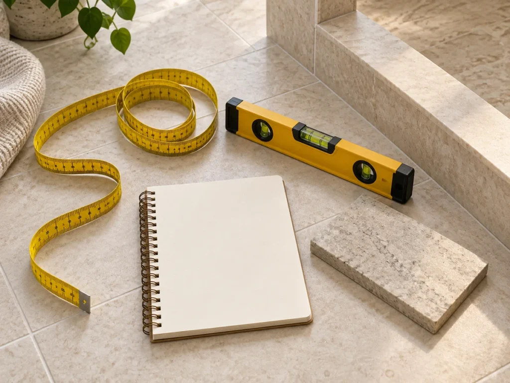 Tape measure, spirit level and notebook ready for shower-threshold planning