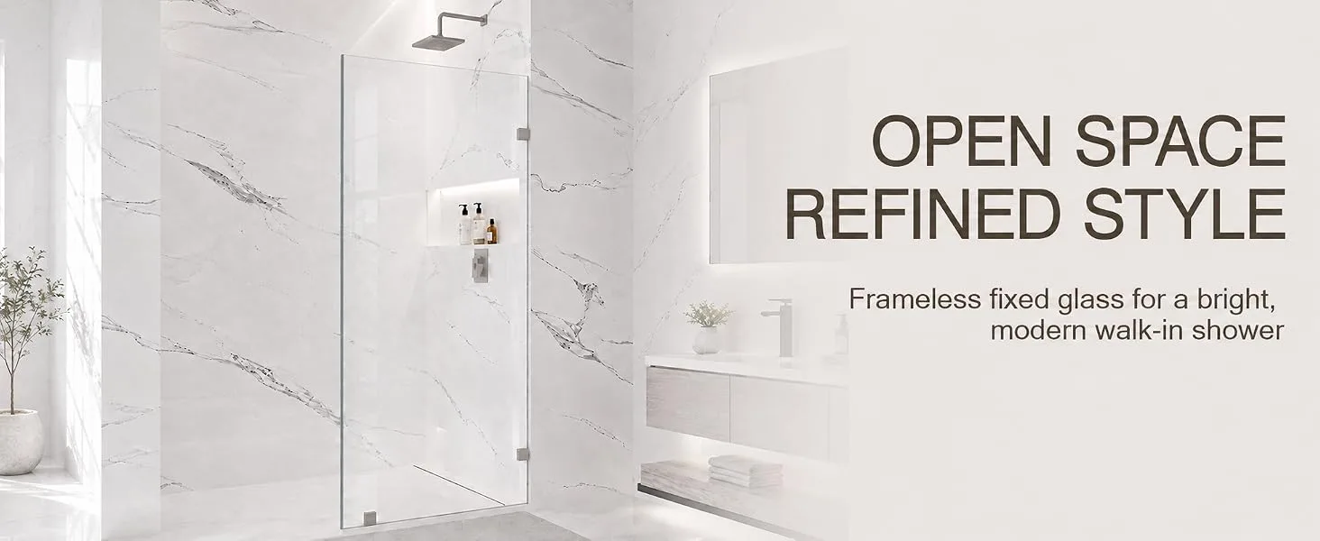 Frameless Fixed Shower Glass Panel with 3/8" Clear Tempered Glass, ARJ-W01-32-CH, detail image 1