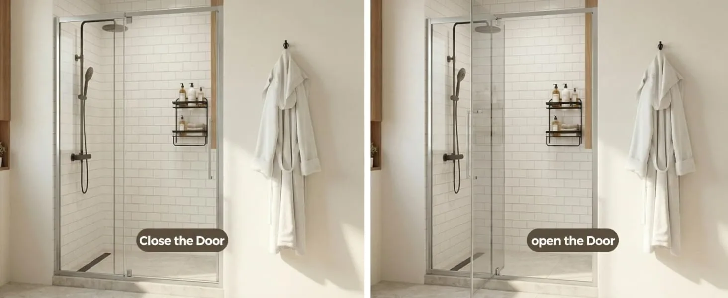 Black-framed hinged shower door shown closed and open