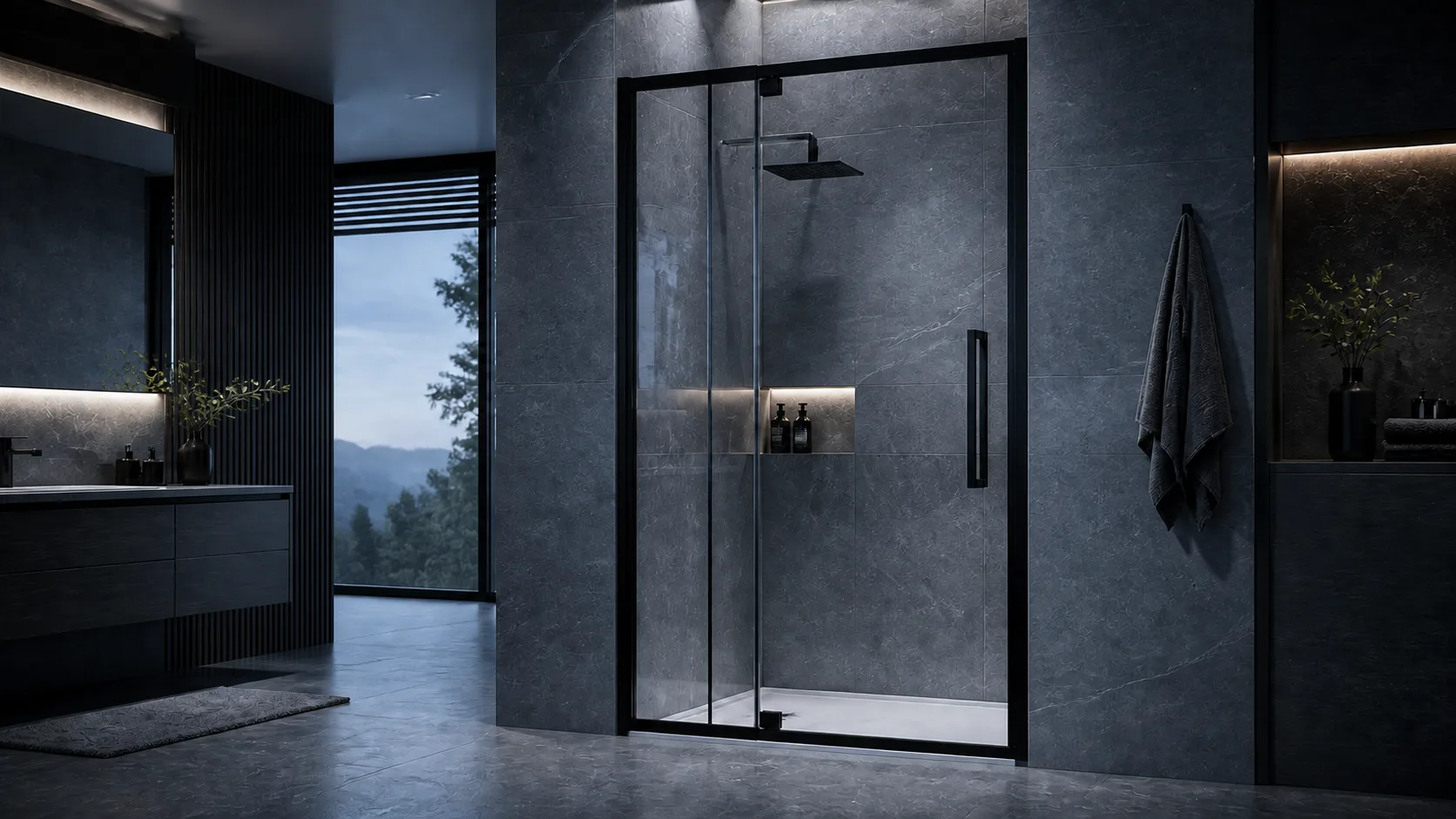 Modern bathroom with a black-framed glass shower door