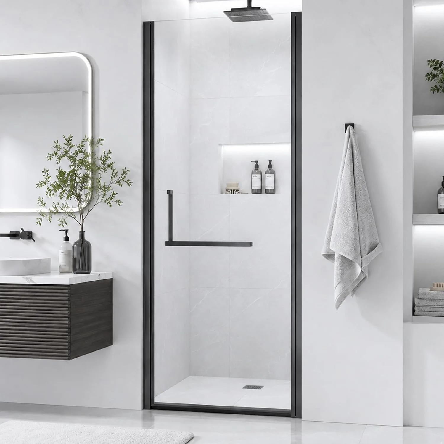 28–29.2" W x 72" H Semi-Frameless Pivot Shower Door with 1/4" Clear Tempered Glass in Matte Black, main product view