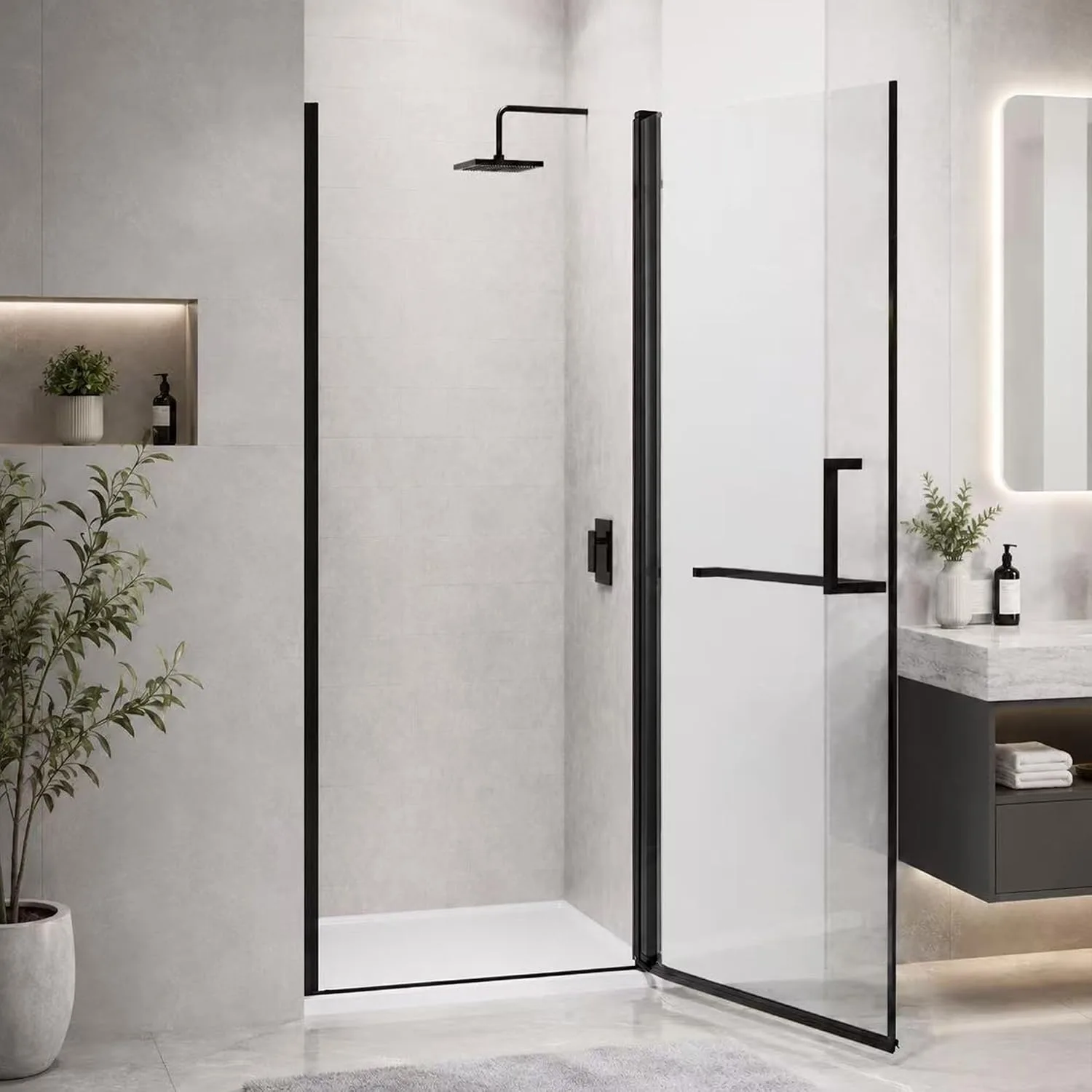 28–29.2" W x 72" H Semi-Frameless Pivot Shower Door with 1/4" Clear Tempered Glass in Matte Black, main product view