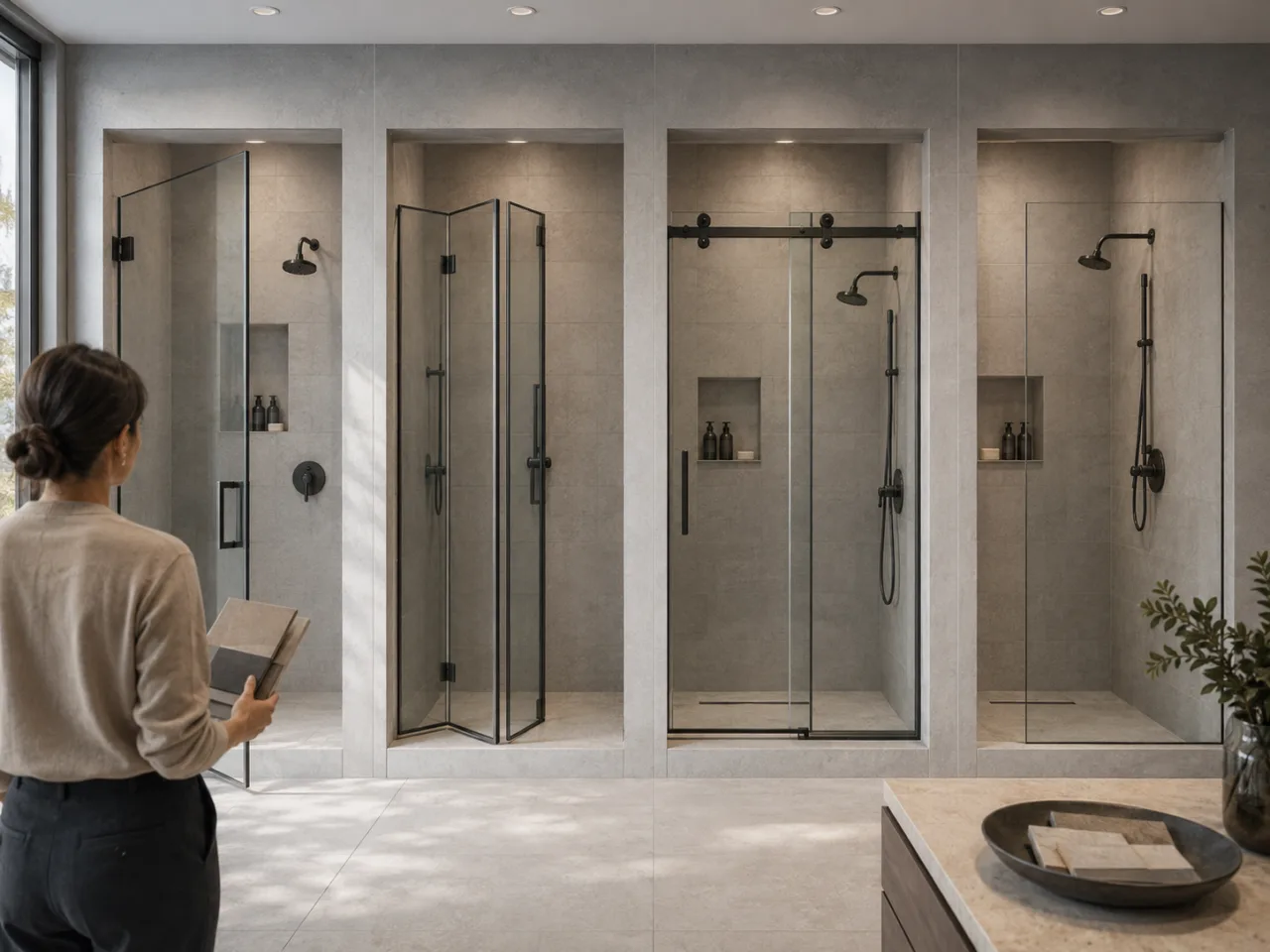 Person comparing pivot, bifold, sliding and fixed glass shower door styles