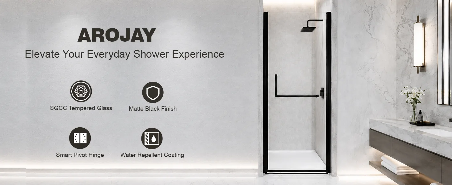 Semi-Frameless Pivot Shower Door with 1/4" Clear Tempered Glass, ARJ-P01-28-MB, detail image 1